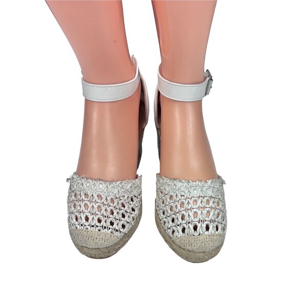 White Crochet Espadrille Wedge Sandals With Ankle Strap & Buckle Closure - Picture 2 of 9